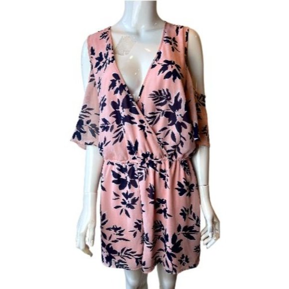 Justfab Women's Floral Cold Shoulder Wrap Romper V Neck Peach Pink Blue Size XL - Picture 1 of 9